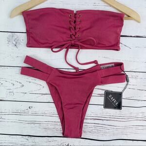 Zaful pink mauve bikini lace up top open side hips